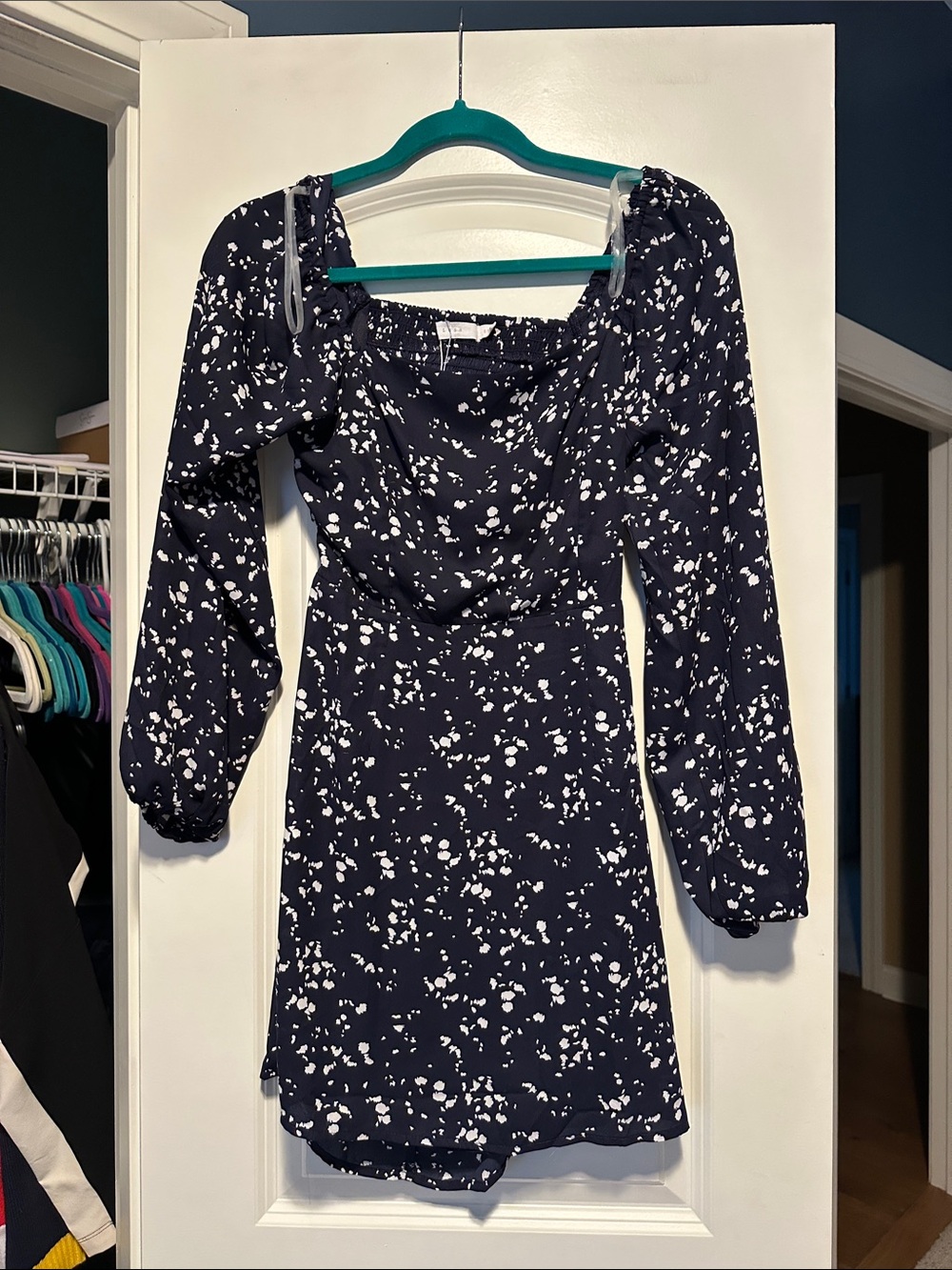 Lush Navy Blue and White Floral Long-Sleeve Mini Dress